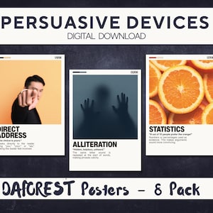 Può includere: Un download digitale con tre poster con testo e immagini. I poster sono etichettati come "Direct Address", "Alliteration" e "Statistics". L'immagine include anche il testo "Persuasive Devices" e "DAFOREST Posters - 8 Pack".