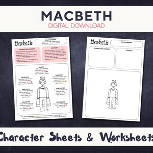 Puede incluir: Dos hojas de trabajo para el estudio de personajes de Macbeth con una ilustración central de una figura coronada con capa. Una hoja contiene texto sobre el viaje del personaje, relaciones y citas, mientras la segunda queda en blanco para notas.