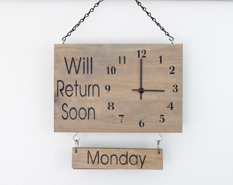 Will Return Clock Sign with Days of the Week, Business Sign, Clock Sign, Custom Sign, Store Sign, Boutique Sign, Wood Sign