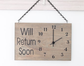 Business Sign, Will Return Clock Sign, Store Hour Sign, Custom Sign, Clock, Store Sign, Boutique Sign, Hanging Business Sign, Wood Sign