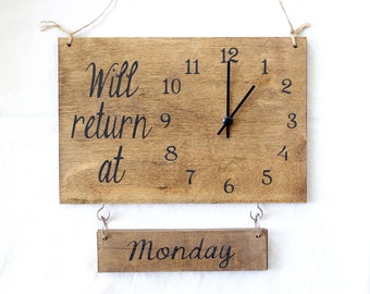 Will Return Clock Sign with Days of the Week, Business Sign, Clock Sign, Custom Sign, Store Sign, Boutique Sign, Wood Sign