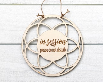 In Session Sign, Welcome Sign, Mandala Sign, Laser Engraved Wood Door Sign