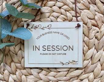 In Session Sign, Welcome Sign, Custom Business Logo Sign, Laser Engraved Wood Door Sign