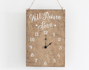 Will Return Clock Sign, Store Hour Sign, Custom Sign, Store Sign, Boutique Sign, Hanging Business Sign, Wood Sign