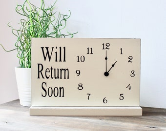 Business Sign, Will Return Clock Sign, Store Hour Sign, Custom Sign, Store Sign, Boutique Sign, Standing Clock Sign, Wood Sign