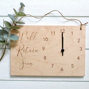 Laser Engraved Clock Sign, Store Hour Sign, Will Return Soon, Store Sign, Boutique Sign, Hanging Business Sign, Wood Sign