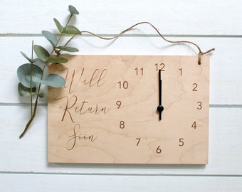Laser Engraved Clock Sign, Store Hour Sign, Will Return Soon, Store Sign, Boutique Sign, Hanging Business Sign, Wood Sign