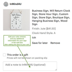 May include: White wooden clock sign with black clock hands and the text "Will Return Soon." The sign is hanging on a wall. The sign is for sale and is described as a business sign, store hour sign, custom sign, store sign, boutique sign, hanging business sign, and wood sign. The sign is made of jute and costs $41.50. The clock hand style is A.