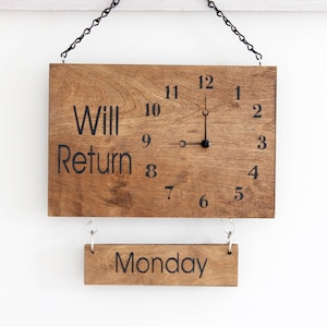 Will Return Clock Sign with Days of the Week, Hanging Door Sign for Business, Clock Sign, Custom Sign, Store Sign, Boutique Sign, Wood Sign