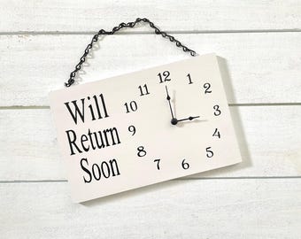 Will Return Clock Sign, Store Hour Sign, Custom Sign, Store Sign, Boutique Sign, Hanging Business Sign, Wood Sign, Wood Business Sign