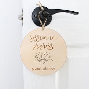 In Session Sign, Welcome Sign, Spa Sign, Yoga Studio, Lotus Design, Wood Door Sign, Laser Engraved Round sign