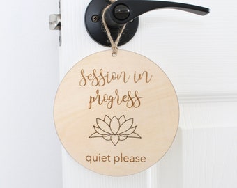 In Session Sign, Welcome Sign, Spa Sign, Yoga Studio, Lotus Design, Wood Door Sign, Laser Engraved Round sign