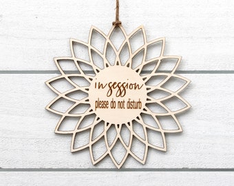 Laser Engraved Mandala Wood Sign, In Session, Welcome Door Hanger