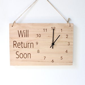 Laser Engraved Clock Sign, Store Hour Sign, Will Return Soon, Store Sign, Boutique Sign, Hanging Business Sign, Wood Sign
