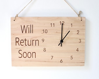 Laser Engraved Clock Sign, Store Hour Sign, Will Return Soon, Store Sign, Boutique Sign, Hanging Business Sign, Wood Sign