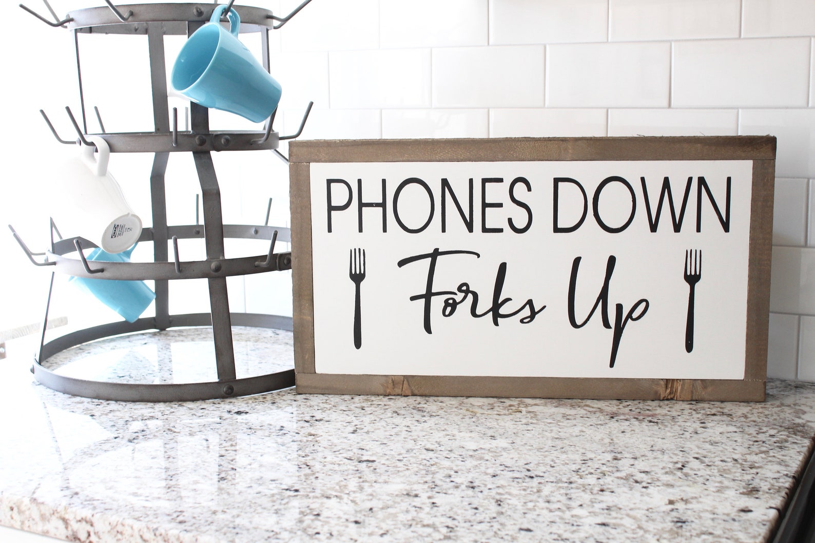 Phones Down Forks up Framed Wood Sign Kitchen Sign Phone Etsy