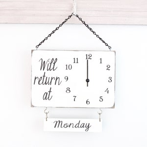 Will Return Clock Sign with Days of the Week, Business Sign, Clock Sign, Custom Sign, Store Sign, Boutique Sign, Wood Sign