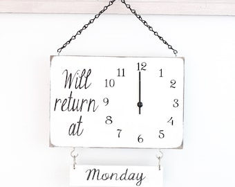 Will Return Clock Sign with Days of the Week, Business Sign, Clock Sign, Custom Sign, Store Sign, Boutique Sign, Wood Sign