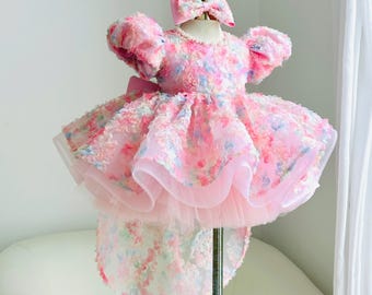 Pink Floral Birthday Dress for Girls, Pastel Princess Tulle Dress, Puff Sleeve Flower Girl Gown, High Low Party Dress