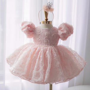 May include: A pale pink dress featuring short puff sleeves and a full, flared skirt, both covered in layered fabric rosettes. The bodice is accented with a horizontal row of small white pearls at the waist, and a matching headband with a crown sits above.