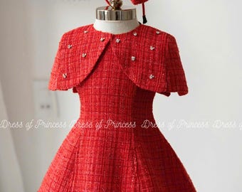 Girls Red Tweed Dress with Rhinestone Cape & Bow - Holiday Party Outfit