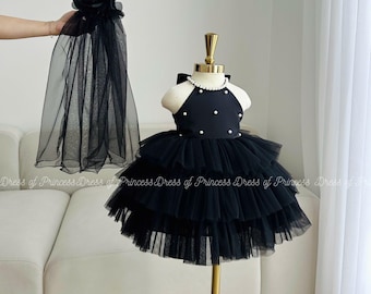 Black Tulle Princess Tutu Dress with Veil - Pearl & Bow Detail