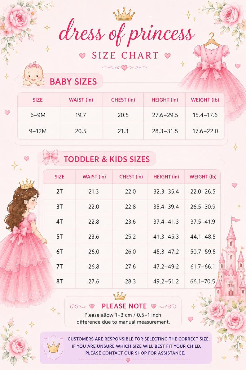 May include: A pink princess dress size chart featuring illustrations of a pink gown, a castle, and roses. The chart lists baby sizes from 6-9M to 9-12M and toddler sizes from 2T to 8T with measurements in inches for waist, chest, height, and weight in pounds.
