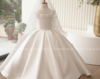 Luxury Satin Flower Girl Dress with Veil & Big Bow | Custom Colors | Wedding Birthday Communion Gown for Toddler and Girls