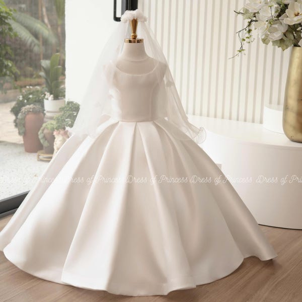 Luxury Satin Flower Girl Dress with Veil & Big Bow | Custom Colors | Wedding Birthday Communion Gown for Toddler and Girls