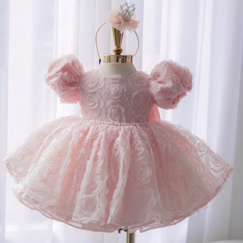 Pink Princess Baby Dress: 3D Rose Tulle, Puffy Sleeves + Headband image 3