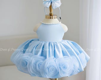 Light Blue Princess Dress with Bow & Roses – Baby Girl Birthday / Party / Photoshoot Outfit