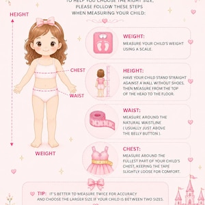 May include: An instructional infographic titled HOW TO MEASURE YOUR CHILD on a light pink background with floral accents. It features a cartoon illustration of a child and diagrams showing how to measure weight, height, waist, and chest for clothing.