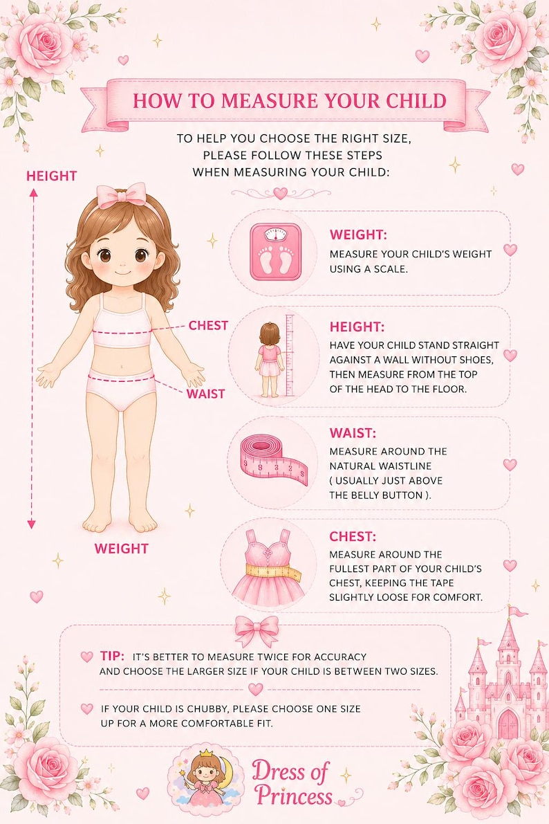 May include: An instructional infographic titled HOW TO MEASURE YOUR CHILD on a light pink background with floral accents. It features a cartoon illustration of a child and diagrams showing how to measure weight, height, waist, and chest for clothing.
