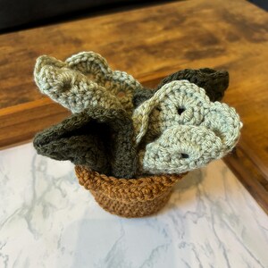 May include: A handmade crochet plant in a brown pot. The plant features green and olive-colored leaves, with a detailed, textured appearance. The pot is a warm brown color, adding to the natural aesthetic. The craftwork is displayed on a wooden surface.