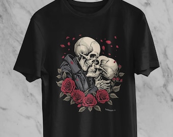 T-shirt gothique à tête de mort et roses pour amoureux, T-shirt romantique sombre pour couples, Cadeau de Saint-Valentin effrayant
