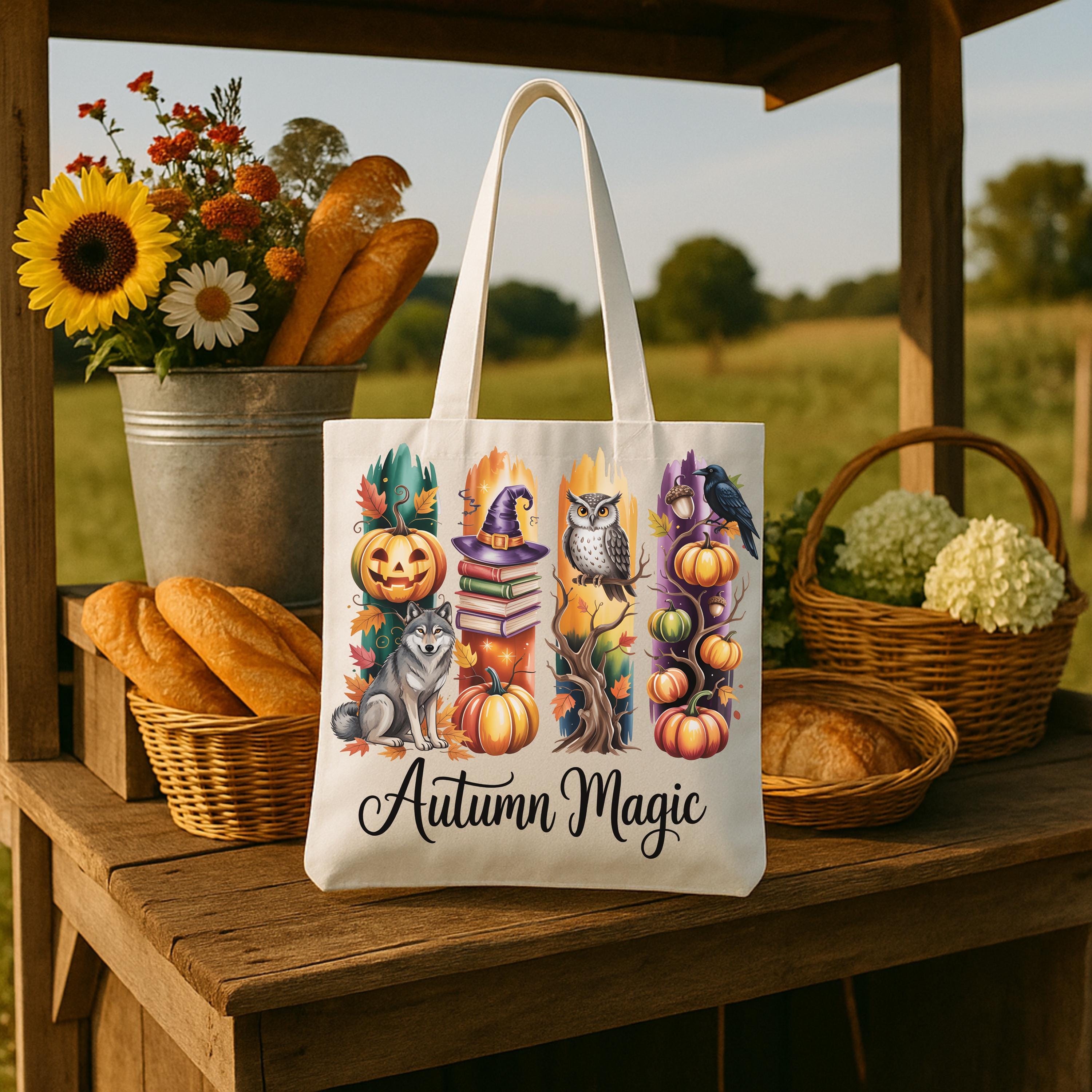 Autumn Magic Tote Bag with Pumpkins Wolf Owl Raven, Fall Witchy Canvas Book Bag, Cozy Halloween Mark