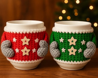 Abriga tus tazas: Patrón de suéter navideño de crochet para bebidas y regalos festivos