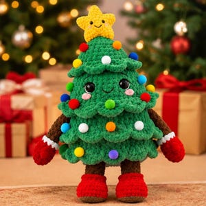May include: A plush, crocheted Christmas tree character with a green textured body, a yellow star topper with a smiling face, and a central face with black eyes and pink cheeks. It features colourful pom-pom ornaments, brown arms, and red mittens and boots.