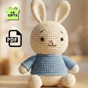 Può includere: Una bambola a forma di coniglio all'uncinetto con corpo beige chiaro, lunghe orecchie e un maglione blu. Il coniglio ha occhi neri, naso rosa e bocca cucita. L'immagine include anche un'icona a forma di scatola regalo verde e un'icona PDF.