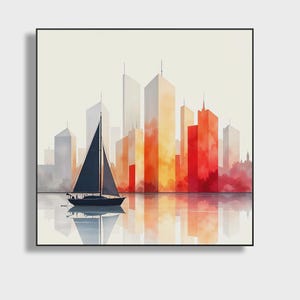 May include: Watercolor painting of a sailboat on calm water, with a cityscape backdrop. The buildings transition from gray to vibrant orange and red hues. The sailboat is dark blue, and the water reflects the city and sky.