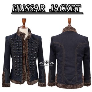 May include: A dark navy Hussar jacket with a faux fur collar and trim. The jacket features decorative buttons and ornate detailing on the sleeves and back. The text "HUSSAR JACKET" is displayed at the top of the image.