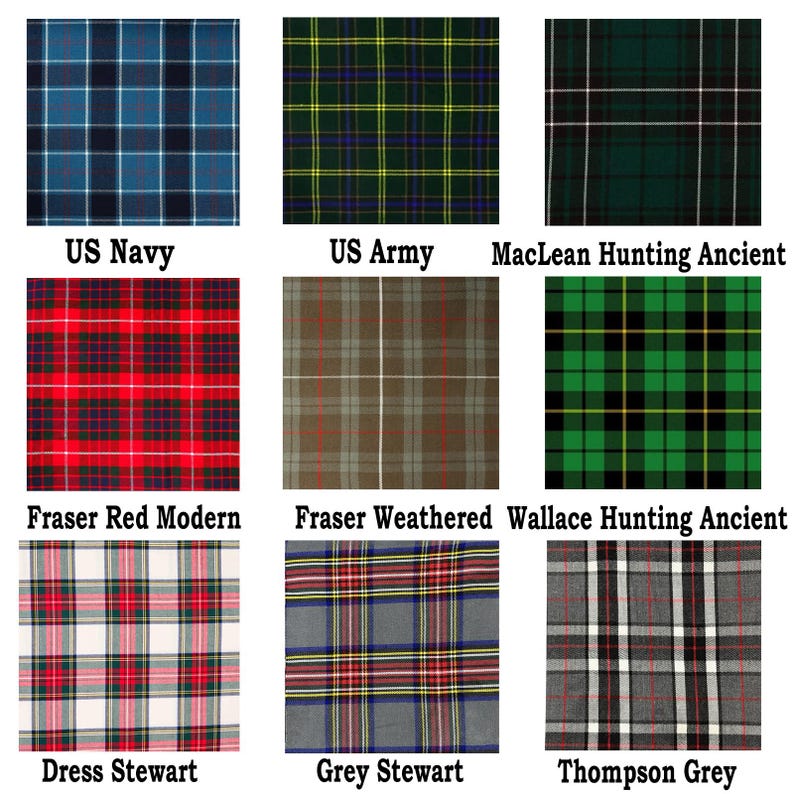 May include: A grid of nine fabric swatches featuring various tartan patterns. The patterns include US Navy, US Army, MacLean Hunting Ancient, Fraser Red Modern, Fraser Weathered, Wallace Hunting Ancient, Dress Stewart, Grey Stewart, and Thompson Grey.