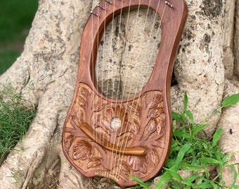 New Flower Rosewood Lyre Harp 10 Metal Strings - Lyra Harp Free Bag, Strings Set And Key
