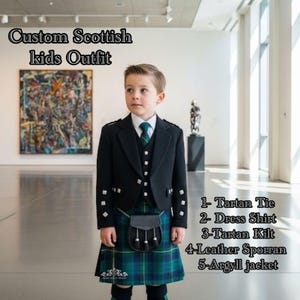 May include: A child's custom Scottish outfit featuring a tartan tie, dress shirt, tartan kilt, leather sporran, and an Argyll jacket. The kilt is green and blue. The image text reads "Custom Scottish kids Outfit".