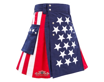 Men's American Flag Utility Kilt USA Patriotic Hybrid Kilt With Cargo Pocket Waist Sizes 28" to 62"