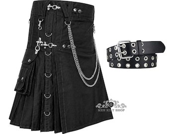 Men's Scottish Black Utility Kilt With Studded Belt Gothic Punk Utility Kilt Available in Different Colors
