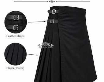May include: A black wool 8 yard kilt featuring a smooth front apron and deep side pleats. The garment includes two adjustable black leather straps with silver-toned metal buckles on the side for closure. The text reads Black Wool 8 Yard Kilt.