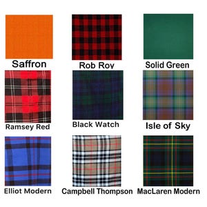 May include: A grid of nine fabric swatches featuring various patterns and colors labeled Saffron, Rob Roy, Solid Green, Ramsey Red, Black Watch, Isle of Sky, Elliot Modern, Campbell Thompson, and MacLaren Modern in a three-by-three arrangement.