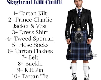 Men's Scottish Stag Head Sporran kilt outfit Complete 11 Pcs Prince Charlie Jacket Wedding Kilt Outfit Set Available in 70+ Tartans