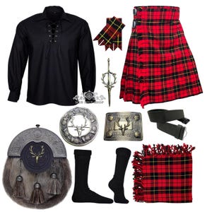Conjunto de 11 piezas de kilt escocés con cabeza de ciervo para boda de hombre. Conjunto de kilt para boda en las Tierras Altas. Disponible en más de 50 colores de tartán.